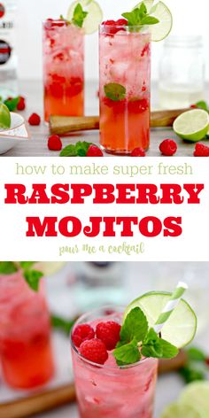 raspberry mojitos with lime and mint garnish on the side