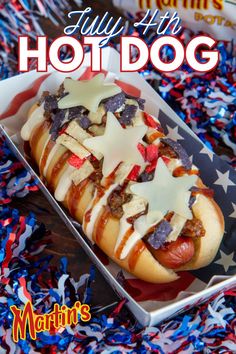 hot dog with shredded pork, tortilla strips, barbecue sauce, queso, and stars made out of swiss cheese. Pork Bbq Sauce, Pulled Pork Bbq Sauce, Long Potato, Queso Sauce, Cheese Stars, Potato Rolls, Pork Nachos, Patriotic Food