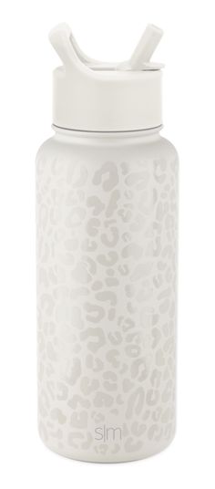 thermos bottle is white and has an animal print pattern on it, as well as a plastic lid