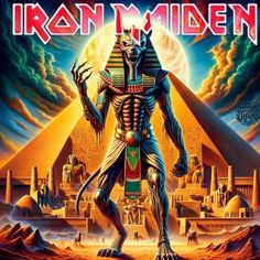 the cover art for iron maiden's album, featuring an egyptian pharaoh and pyramids