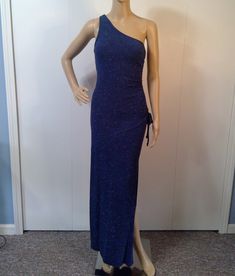 This USA Made Vintage Gown has one shoulder strap and shirred side with Tie at top of 26" Side Slit.  Angle cut bottom hem. 92%Acetate/8%Spandex with Stretch. VGVC except small discoloration on top of right breast, hard to see in last photo. Size M - Refer to Measurements: Bust/30"-36" Waist/26"-30" Hips/30"-34" Length/62" Smoke & Pet Free Studio Dress One Shoulder, Water Signs, Vintage Prom, Vintage Gowns, Photo Size, 90s Vintage, Dress Clothes For Women, Dress First, Favorite Outfit