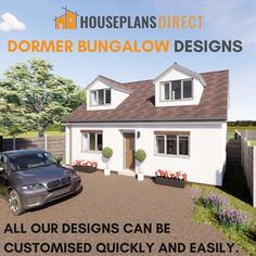 a car is parked in front of a house with the words, homebungalow designs all our designs can be customized quickly and easily