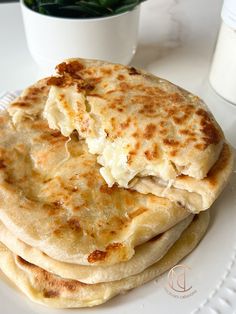 three flat breads stacked on top of each other in front of a potted plant