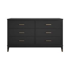 a black dresser with gold handles and drawers on the bottom, against a white background