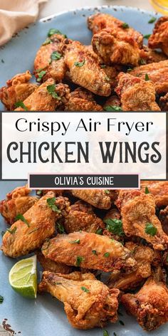 crispy air fryer chicken wings on a blue plate