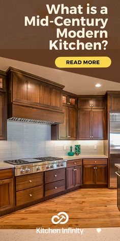 a kitchen with wooden cabinets and an advertisement for what is a mid - century modern kitchen?