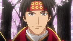 an anime character with long black hair wearing a red and gold headband in front of trees