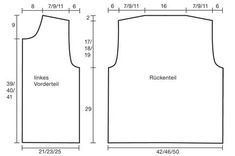 the front and back view of a vest pattern, with measurements for each piece in different sizes