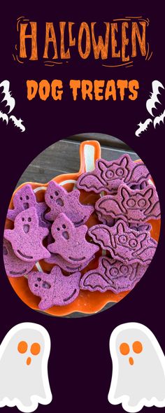 halloween dog treats in a bowl with ghost heads on the side and text overlay that reads, halloween dog treats