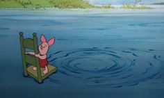 winnie the pooh is sitting on a chair in the water and looking at another pig