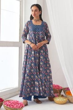 Shop for Negra Elegante Blue Cotton Silk Peony Printed Anarkali Set for Women Online at Aza Fashions Festival Blue Salwar Kameez With Floral Print, Blue Fitted Anarkali Set With Floral Print, Blue Floral Print Traditional Wear For Festive Occasions, Fitted Blue Floral Print Salwar Kameez, Fitted Blue Floral Anarkali Set, Unstitched Blue Floral Print Anarkali Set, Fitted Blue Traditional Wear With Floral Print, Unstitched Blue Anarkali Set With Printed Motifs, Blue Cotton Anarkali Set With Floral Print