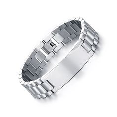 "This Men's Personalized ID Bracelet Engraving Words Chain Link Bracelet 15mm Wide Chunky Bracelets is made of High Quality Stainless Steel. You can engrave with a name, phrase or date of your choosing inscribed on the frontside of the ID tag as a personalized gift for yourself or the one you loved.Come to engrave now. ★ Item Description: * Metals Type:Stainless Steel * Bracelets Type:ID Bracelets * Length:21cm/8.26inch * Width:15mm * Weight:63.5g * Color: Gold/ Black/ Silver/ Gold&Silver/ R Silver Stainless Steel Wristband With Jubilee Bracelet, Silver Engraved Stainless Steel Wristband, Silver Stainless Steel Wristband, Engraved Stainless Steel Silver Wristband, Adjustable Silver Stainless Steel Wristband, Personalized Silver Stainless Steel Wristband, Classic Silver Name Bracelet With Bracelet Strap, Classic Silver Name Bracelet With Strap, Engraving Bracelet