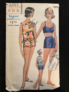 This is a Vogue pattern for a two piece swimsuit and overblouse.  Size 14 Bust 34" Pattern is CUT and complete. Lengthened with tape, original cutting lines are preserved.  NOTE: We acquire our patterns from the used marketplace. Pattern pieces, instructions, and envelopes can be in a variety of conditions. We do our best to describe the condition of the pattern pieces, but DO NOT always describe the state of the envelope. If the state of the envelope is important to you - PLEASE MESSAGE US so we can double check for you. Swimsuit Bra, Vintage Two Piece, Vogue Pattern, Two Piece Swimsuit, Pattern Pieces, Bateau Neck, 1960s Vintage, 1960s, Envelope