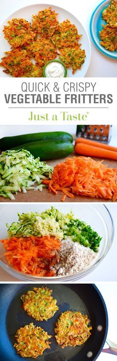 four pictures showing different types of vegetable fritters and how to cook them in the same pan