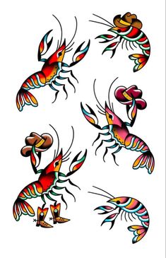 four colorful crabs with different designs on their body and legs, all in different colors