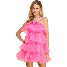 Haute couture inspired by Paris fashion week, our Barbie Pink Ruffle Tiered Dress gives you a high-fashion look without breaking the bank! She features a sleeveless halter neckline with tie closure, an open back, and a tiered voluminous silhouette. Free shipping. In stock RTS. Ruffle Halter Dress For Wedding, Summer Tiered Mini Dress For Prom, Tiered Mini Dress For Summer Prom, Glamorous Spring Tiered Skirt Dress, Summer Evening Tiered Dress, Summer Wedding Halter Dress With Ruffles, Spring Wedding Halter Dress With Ruffles, Sleeveless Ruffled Halter Dress For Wedding, Sleeveless Halter Dress With Ruffles For Wedding