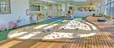 An indoor childcare sandpit playground with a wooden platform beside it. In the back there is a mini blue slide. Preschool Playground, Learning Preschool, Play Corner, Preschool Programs, Philosophy Of Education, Active Learning, Early Learning Centre, Playground Design, Montessori School