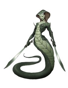 an alien woman with two swords and a snake tail, standing in front of a white background