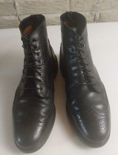 Mens Wingtips | Made in Mane | Men's Brogue Boots | Vintage Men's Boots | Hipster Boots. Dress Boots Mens Size 12 D Black Wingtips. 6 Eye Boots. Rubber Outsoles. Full Brogue. Lace Derby: FLAWS - Extensive Wear on Insoles.   Inserts have wear & discoloring. There is some heel unevenness. Outsoles have plenty of good thread: See photos. Photos are part of this item's condition & description. There is some sole & heel drag/wear. New Oil Coated Laces.  There is leather creasing on outsoles: See photos. These have been polished & waxed. Photos are part of condition. Winter Business Lace-up Boots With Brogue Detailing, Formal Wingtip Lace-up Boots For Winter, Classic Formal Lace-up Ankle Boots, Fall Business Chukka Boots With Wingtip Design, Business Wingtip Lace-up Boots With Brogue Detailing, Business Chelsea Boots With Brogue Detailing And Cap Toe, Classic Black Chelsea Boots With Brogue Detailing, Classic Leather Shoes For Formal Winter Occasions, Classic Formal Leather Shoes For Winter