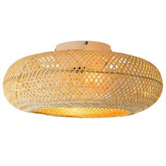 a light fixture with woven material on the top and bottom, hanging from a ceiling