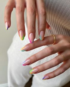 2 Colour French Tip Nails, Colorful French Almond Nails, Vibrant French Tip Nails, Bold French Tip Nails, Coloured Tips Nails, Colorful Tip Nails, Gel Nails Colorful, Colourful French Tip Nails, Fun French Tips