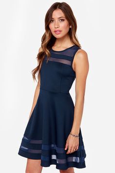 Unique Navy Blue Dress - Mesh Dress - Striped Dress - $44.00 Dresses Lulus, Navy Blue Dress, Grad Dresses, Navy Dress, Navy Blue Dresses, Skater Dress, Blue Dress, Look Fashion, Party Dresses