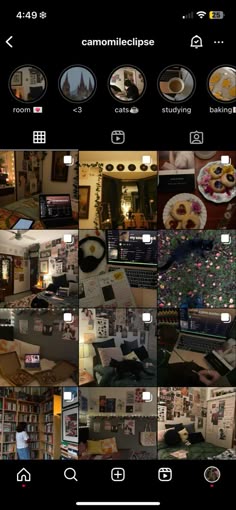 an iphone photo collage with many pictures and captions on the screen, including bookshelves