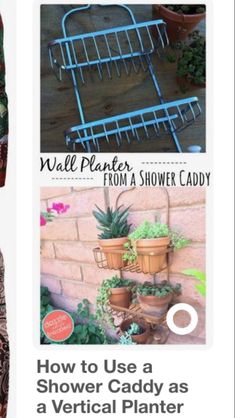 vertical garden with shower caddy and potted plants on the side of a brick wall