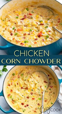 chicken corn chowder in a blue pot with a spoon next to it and the title