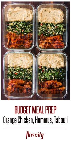 four meal prep containers filled with chicken, hummus, and tabouli in them