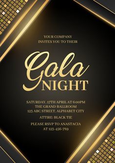 a black and gold party flyer with the words gala night written in gold on it