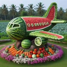 an airplane made out of fruits and vegetables in the shape of a watermelon