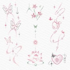 some pretty pink tattoos with flowers and butterflies on them