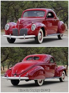 two pictures of an old red car with white rims, and the same one in color