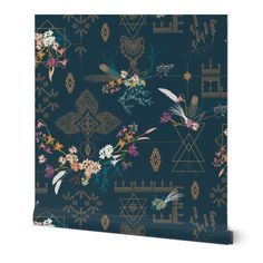 a blue wallpaper with flowers and geometric shapes on the side, in gold foil