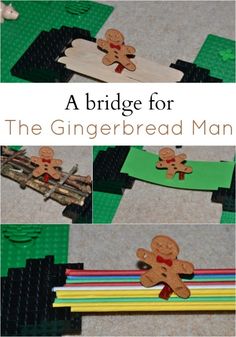 the gingerbread man is made out of legos and pieces of construction paper,