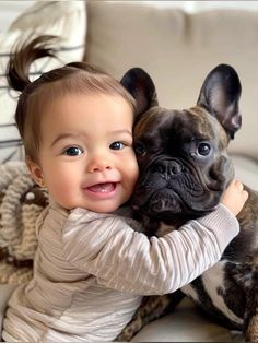 a baby hugging a small dog on top of a couch