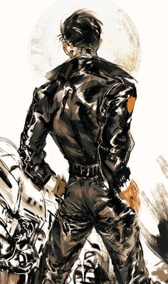 a drawing of a man standing next to a motorcycle