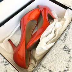 Made In A Italy. Brand New; Never Worn. In Excellent Condition With No Flaws To Note. Gorgeous Classic Patent Heels With Upper Leather. Gorgeous Poppy Orange Color. Gives Off A Very Vintage 80s Yet Modern Wear Vibe. Original Box Included. Chic Court Shoes With Red Sole And Medium Width, Chic Heels With Red Sole And Medium Width, Spring Court Shoes With Red Sole And High Heel, Spring Court Shoes With Red Sole High Heel, Spring Almond Toe Heels With Red Sole, Green Espadrilles, Modern Wear, Platform Espadrille Sandals, Pump Heels