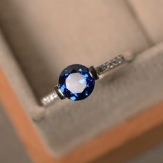 Sapphire engagement ring sterling silver lab by LuoJewelry on Etsy Round Sapphire Engagement Ring, Engagement Rings 4 Carat, Diamond Sapphire Engagement Ring, Silver Lab, Sapphire Rings, Moonstone Engagement, Back Necklace, Sapphire Engagement Ring Blue, Promise Rings For Her