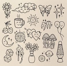 a drawing of various items that are drawn in ink on paper, including balloons and flowers