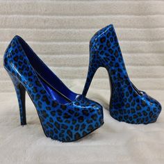 Bordello Blue Leopard Print Platform Glitter Pumps Teeze-37 5 3/4" Heel 1 3/4 " Platform Blue Glitter Heels For Evening, Blue Glitter Evening Heels, Blue Glitter High Heels, Blue Glitter Heels With Round Toe, Blue Leopard Print, Glitter Pumps, Leopard Heels, Blue Leopard, Black Blue