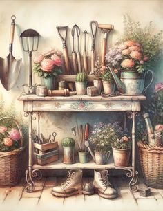 a painting of gardening tools and flowers on a shelf