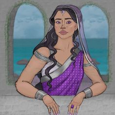 a drawing of a woman in a purple sari with her hands on her hips