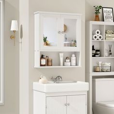 a bathroom with a toilet, sink and shelving unit in the middle of it