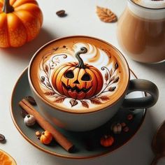 a cup of coffee with a pumpkin painted on it