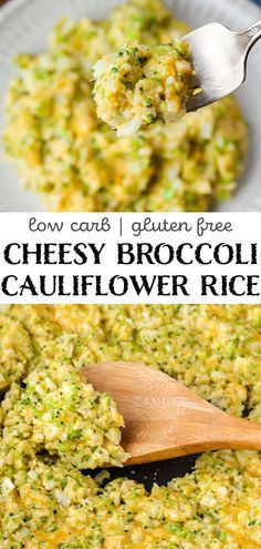 broccoli cauliflower rice in a white bowl with a wooden spoon on top