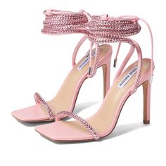 Square Toe Pink Rhinestone Dress Sandal By Steve Madden. Features An Ankle Leg Wrap Tie Closure, Square Open Toe, Synthetic Lining And Footbed, Rhinestone Detailing, And 4.5" Stiletto Heel. Condition: New Without Box. Pink Lace Up Heels, Pink Sparkly Heels, Pink Sparkly Shoes, Steve Madden Travel Sandal, Pink Strappy Heels, Faux Fur Sandals, Girl Energy, Shoe Shopping, Platform Espadrille Sandals