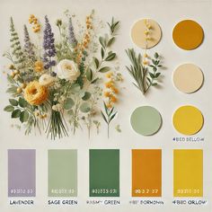 the color palette is yellow, green, orange and white with some flowers on it