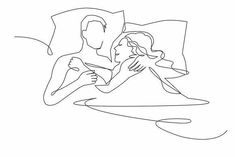 a continuous drawing of a man and woman laying in bed with their arms around each other